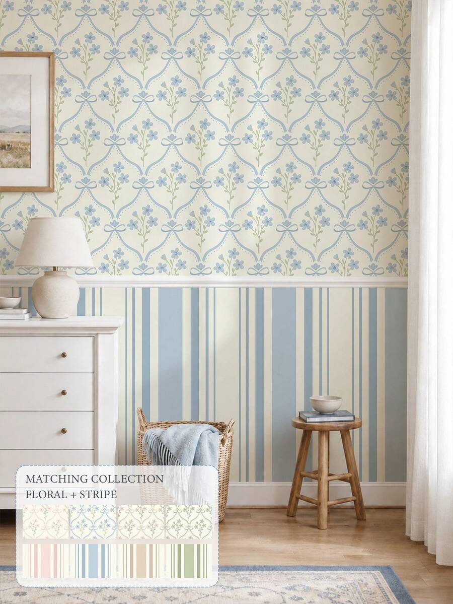 SUPSTICKER Matching Floral & Stripe Peel And Stick Wallpaper Collection, Self-Adhesive Removable Wallpaper For Living Room, Bedroom & Entryway, Choose Your Pattern - 1PC - View 1