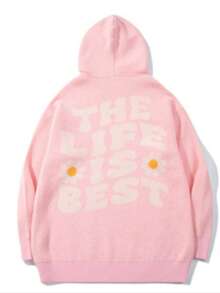 BLACKTOEXIT Men's Loose Casual College Floral Hooded Knit Sweater, Autumn/Winter - Pink - View 10