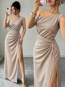 Vestido largo verano para mujer, hombro asimétrico plisado, rayas azules, cintura ceñida, estilo minimalista versátil para vacaciones y fiestas - Marrón - Ver 1
