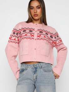Women's Fashion Winter Knitted Christmas Long Sleeve Base Layer Top, New Autumn/Winter Soft Gentle Style Loose Fit Sweater - Pink - View 3