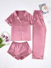 Set de pijama de 3 piezas para mujer de unicolor con ribete de contraste en seda sintética - Color caoba - Ver 7