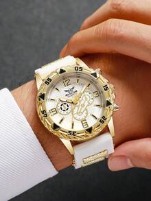 Men's Silicone Watch Classic Fashion Three-Eye Digital Scale Dial Handsome Sports Quartz Wristwatch, Gift For Boyfriend Watch (1pc/Set) Not Including Watch Box - White - View 2