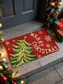 1pc Christmas Tree & Flower Snowflake Pattern Red Entryway Mat, Door Mat, Small Rug, Welcome Mat, Carpet, Floor Mat, Outdoor Door Mat, Kitchen Rug, Home Decor, Front Door Mat, Area Rug, Outdoor Mat, Home Decor, Area Carpet, Garden Rug, Washable Carpet - Multicolor - View 2