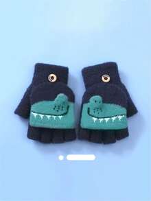 2pcs Cartoon Dinosaur Plush Earmuff Gloves Set, Winter Outdoor Cold Protection Ear Cover, Flip-Up Half-Finger Gloves, Suitable For Boys And Girls - Navy Blue - View 5