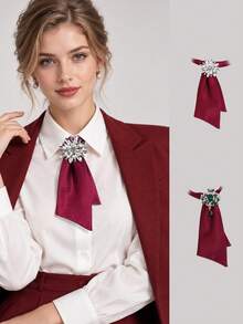 1pc French Vintage Double Layer Satin Rhinestone Women's Necktie, Banquet Commute Formal Shirt Decoration Accessory - Multicolor - View 2