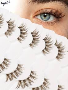 7 Pairs New Half Eyelashes, Brown Soft Natural Cat Eye Design, Makeup Tool Long Thick False Eyelashes - Cat Eye Lashes - View 1