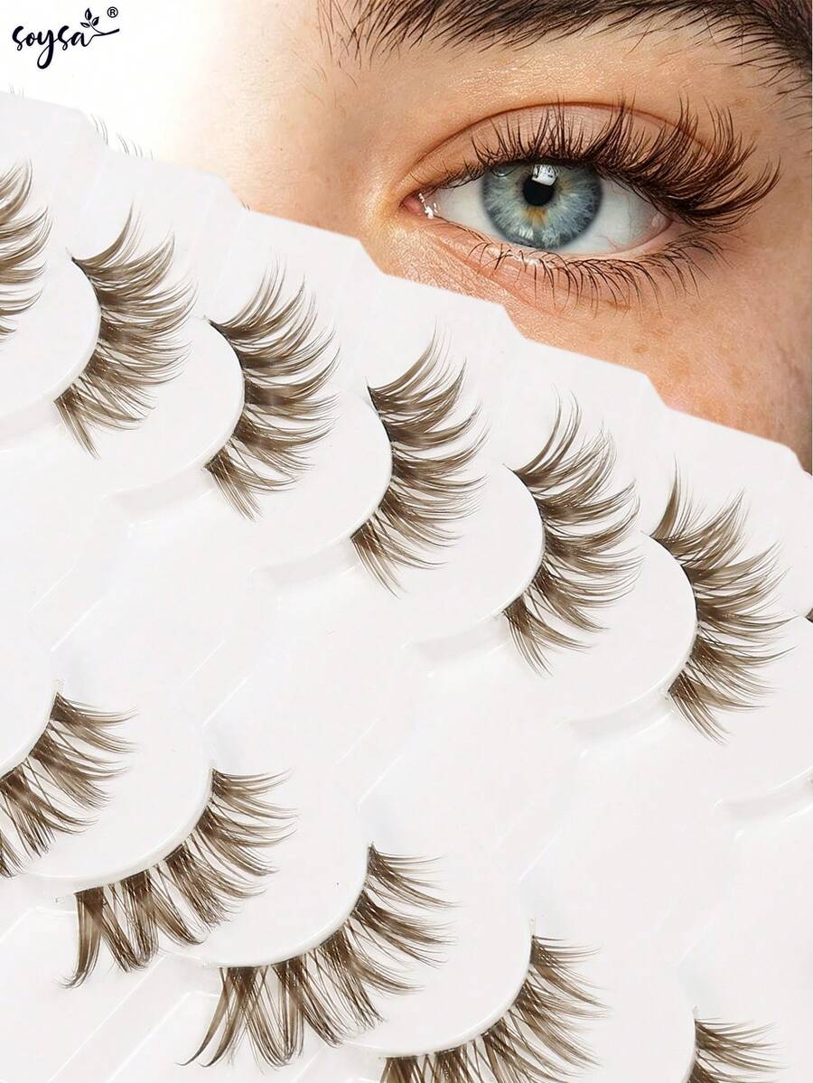 7 Pairs New Half Eyelashes, Brown Soft Natural Cat Eye Design, Makeup Tool Long Thick False Eyelashes - Cat Eye Lashes - View 1