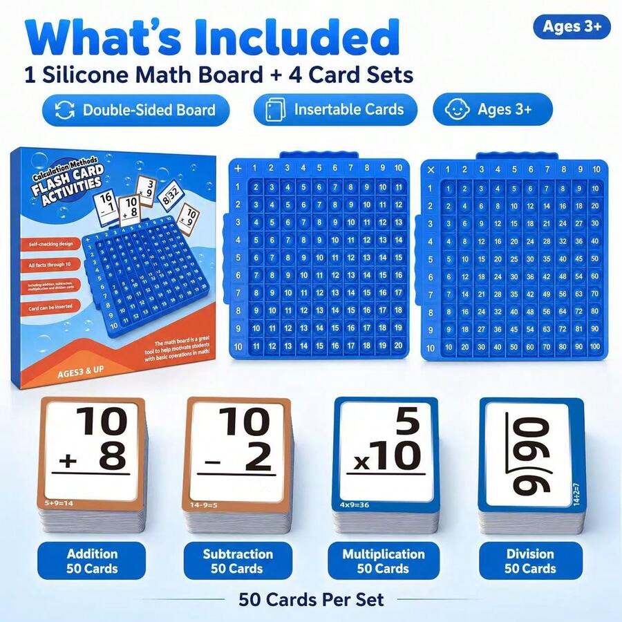 Math Board With 200 Math Cards, Double-Sided Silicone Tape Board, Teaching Aids For Addition, Subtraction, Multiplication, And Division, Suitable For Children Over 3 Years Old, Home Classroom Auxiliary Tools, Math Operation Set