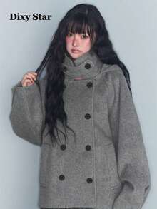 Vintage Versatile Winter New Korean Style Loose Double-Breasted Hooded Overcoat Jacket For Women - Grey - View 3