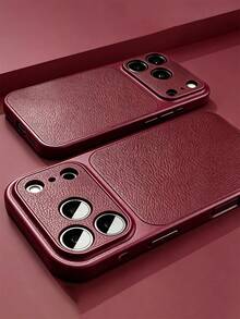 Luxury Retro Lychee Pattern Matte Phone Case Compatible WIth IPhone 18 Pro Max 18 Pro 17 Pro Max 17 Pro 16 Pro Max 15 Pro Max 14 Pro Max 13 Pro Max 17 16 15 14 Pro Stylish Large Window Camera Lens Protect PU Leather Shockproof Bumper Soft Back Cover Simple Shell - Cherry Red - View 1