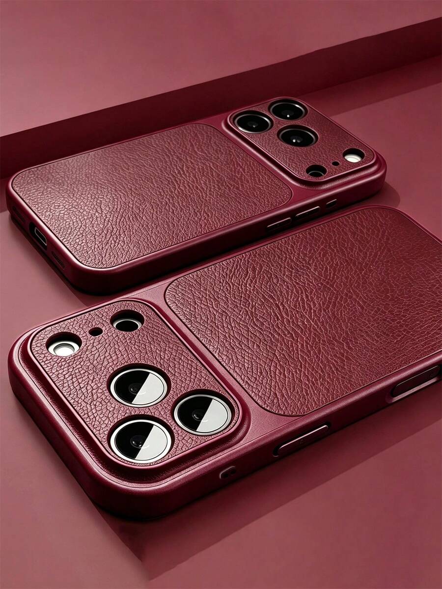 Luxury Retro Lychee Pattern Matte Phone Case Compatible WIth IPhone 18 Pro Max 18 Pro 17 Pro Max 17 Pro 16 Pro Max 15 Pro Max 14 Pro Max 13 Pro Max 17 16 15 14 Pro Stylish Large Window Camera Lens Protect PU Leather Shockproof Bumper Soft Back Cover Simple Shell - Cherry Red - View 1