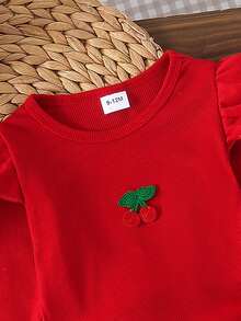 2pcs Baby Girl Sweet Cute Cherry Embroidery Flutter Sleeve Round Neck Top & Matching Embroidery Elastic Waist Denim Long Pants Set, Spring/Autumn - Red - View 7