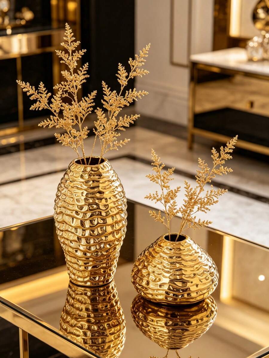 1 Piece Gold Honeycomb Textured Ceramic Vase