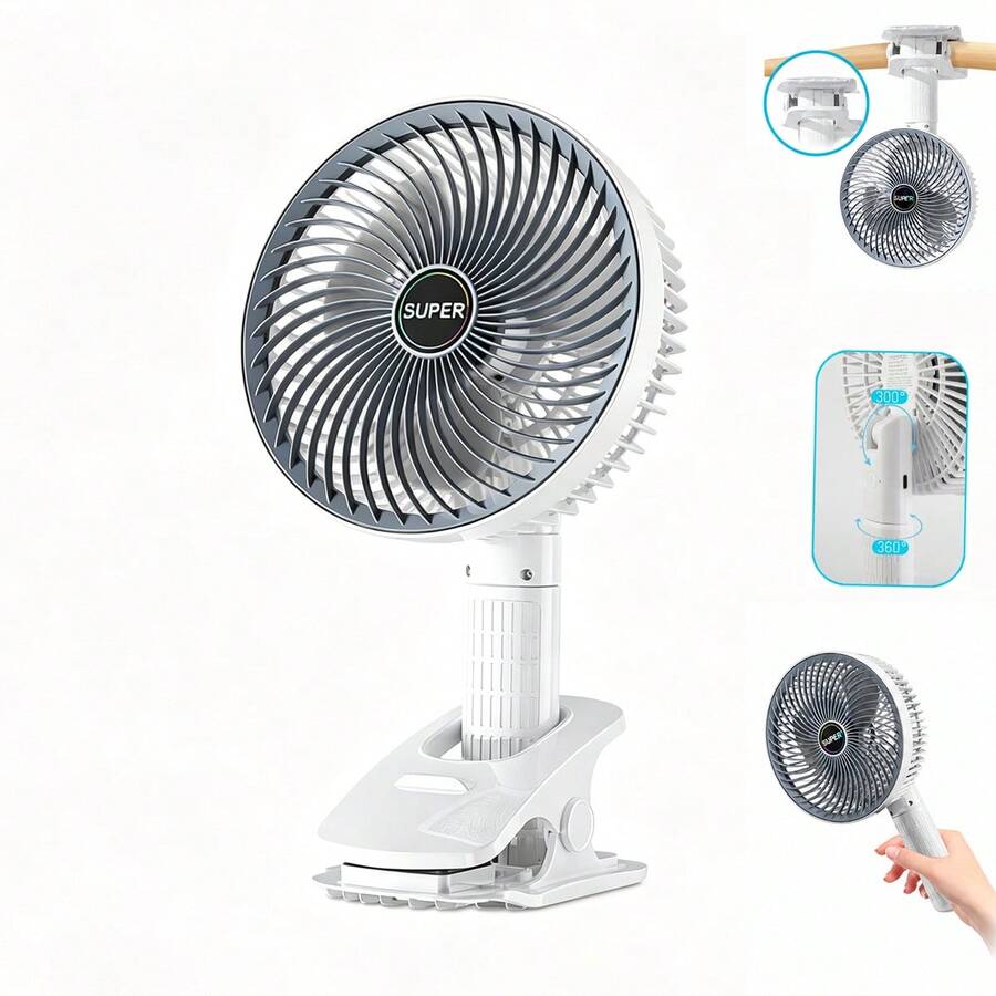 Ventilador Mesa Portátil Multifunção USB Recarregavel Silencioso 3 potencias com Clipe 3 Pás 4 Modos - Branco - Visão 1