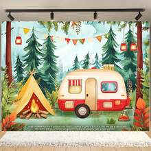 Large-Scale Camping Theme Background Cloth, Tent, Bus, Camping Design, Suitable For Indoor And Outdoor Parties, No Electricity, Suitable For Room Decoration Banner Background. - 1 - View 4