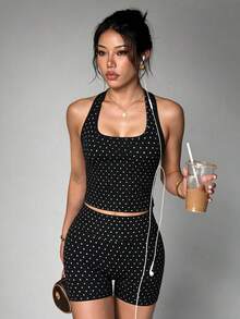 Women's Summer/Autumn Basic Polka Dot Spaghetti Strap 2-Piece Set Loungewear, Slim Fit Camisole Top + Cropped Leggings, Streetwear Elegant - Black and White - View 2