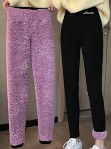 1pc 400g Thick Fluffy Cloud Fleece Women's Leggings, High Waist, Winter Warm - Multicolor - View 12