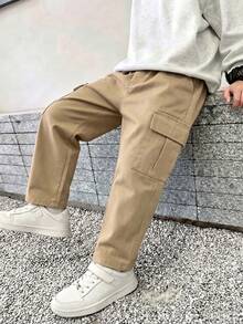 1pc Boys' Simple Casual Elastic Waist Multi-Pocket Straight Leg Work Pants, Spring Summer Autumn - Khaki - View 3