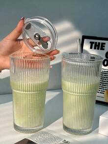 Transparent Glass Cup Striped Coffee Cup With Straw And Lid Simple Style Coffee Cups Large Capacity Glass Water Bottle Portable Outdoor Water Cup For Home Office Parties Autumn Winter Drinkware Home Decor - Multicolor - View 11