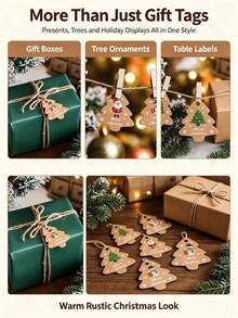 48pcs Vintage Christmas Tree Shaped Slogan Pattern Gift Tags With Rope, Santa Claus And Snowman Pattern Paper Gift Decoration Labels, Suitable For Christmas Party Gifts, Christmas - Multicolor - View 9