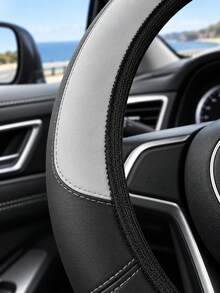 ROSEKEY 1PC Universal Semi-Circular Two-Tone PU Leather Steering Wheel Cover Features A Soft Grip, Is Non-Slip, Breathable, And Sweat-Proof. It's Suitable For All Seasons, Including Sedans, SUVs, And Trucks,Car Accessories For Women. - A - View 3