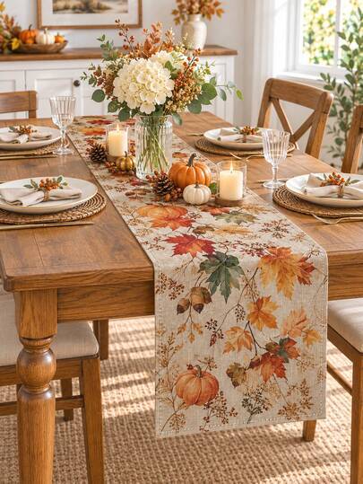 1 pieza Camino de mesa de otoño con calabaza y hoja de arce, camino de mesa de lino para la cosecha de otoño con estampado de calabaza, bellota, baya y botánico, decoración rústica de granja para mesa de comedor, Acción de Gracias, cocina, comedor, fiesta de otoño y hogar estacional