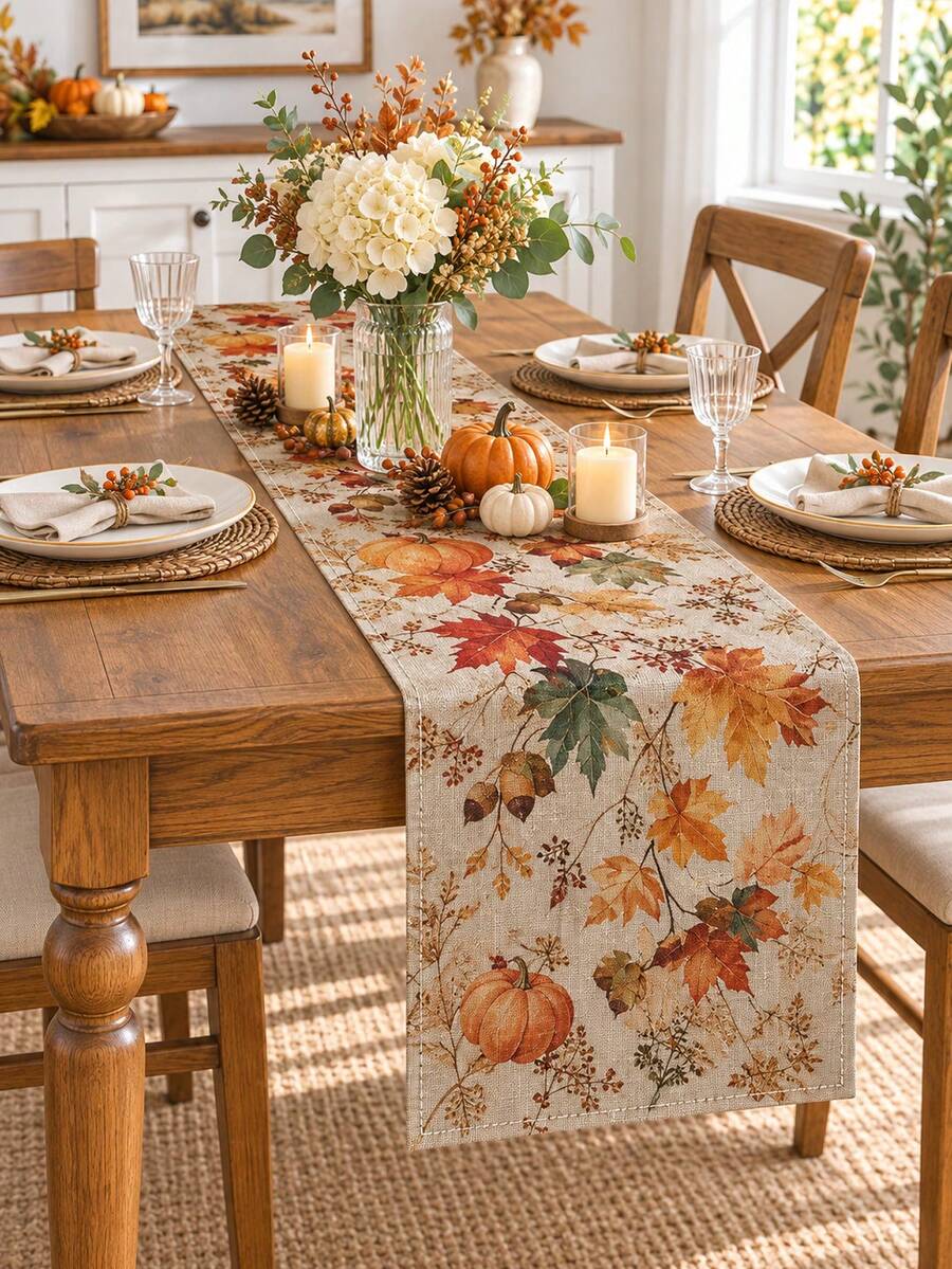 1PC Autumn Pumpkin Maple Leaf Table Runner, Linen Fall Harvest Tablecloth Runner With Pumpkin, Acorn, Berry And Botanical Print, Rustic Farmhouse Dining Table Decor For Thanksgiving, Kitchen, Dining Room, Fall Party And Seasonal Home - Multicolor - View 1