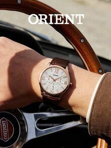 Orient Rose Gold Mother Of Pearl Dial Women's Quartz Watch, Vintage Brown Embossed Leather Strap, Roman Numeral Hour Markers - Brown - View 2