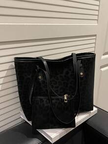 2pcs Leopard Print Handbag Set With Double Handles, Fashion Design, Suitable For Business Casual, Commuting, Back To School And Vacation Travel. Women's Tote Bag, Black Bag - Black - View 2