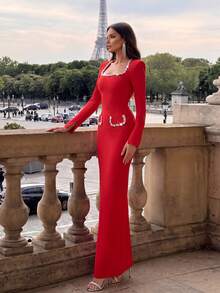 New Fashion Red Crystal Decor Long Sleeve Fitted Dress, Elegant Bandage Party Dress, Suitable For Birthday, Wedding, Graduation, Prom, Homecoming - Red - View 4