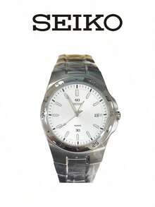 Men's Seiko Quartz Sports Watch Embossed‑Textured White Dial Single‑Date Window Polished‑Brushed Stainless Steel Bracelet Minimal Sports Watch - White - View 5