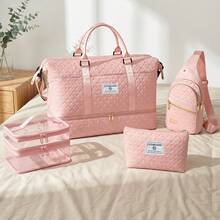 4‑Piece Quilted Travel Bag Set Weekender Duffle With Shoe Compartment Sling Backpack Cosmetic & Mesh Toiletry Pouch - Pink - View 7