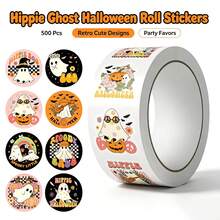 500Pcs Hippie Ghost Halloween Roll Stickers, Retro Cute Pumpkin Ghost Round Stickers, Self-Adhesive Decals For Party Gift Envelope Scrapbook Decor - 500 Pcs/roll - View 1