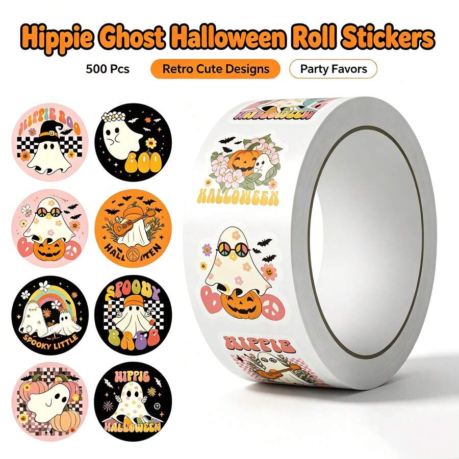 500Pcs Hippie Ghost Halloween Roll Stickers, Retro Cute Pumpkin Ghost Round Stickers, Self-Adhesive Decals For Party Gift Envelope Scrapbook Decor - 500 Pcs/roll - View 1