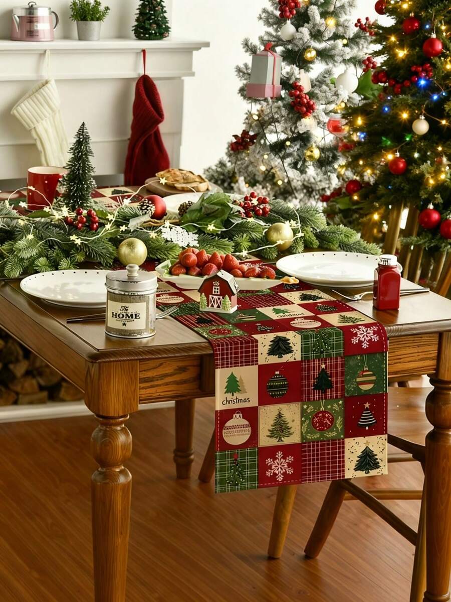 1pc Festive Atmosphere Christmas Tree Gift Gathering Table Runner, Winter Kitchen Table Decor, Family Celebration Decoration - Dark Green - View 1
