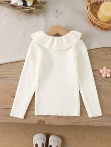 Girls' Solid Color Knit Top With Floral Collar Undershirt - Apricot - View 2