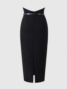 Elegant Minimalist High-End Mature Style V-Shaped High Waist Belt Bodycon Skirt Commuter Style - Black - View 7