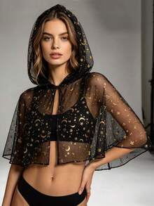 1pc Halloween Hot-Selling Black Star & Moon Mesh Hooded Short Cape Witch Style Camisole Top Costume Accessory - Black - View 7