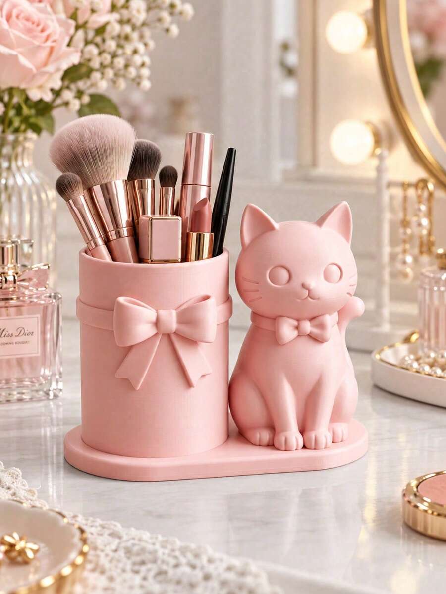 Cute Cat Bow Makeup Brush Holder, Girly Bow Makeup Brush Pen Pot, Bedroom Vanity Desktop Decor, Perfect Gift For Best Friend - Multicolor - View 1