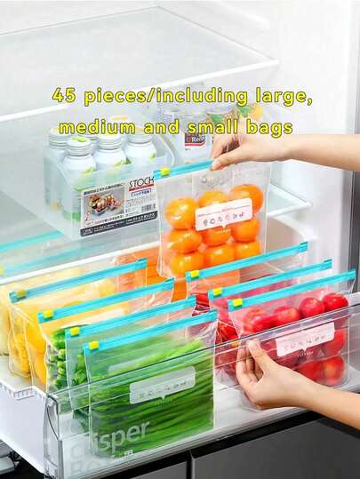 45pcs Reusable Food Storage Bags (Includes 3 Different Sizes), Thickened Freezer Bags For Home Use, Waterproof Zipper Food Freshness Bags, PE Material, Transparent With Writable Labels, Suitable For Long-Term Food Preservation And Storage, Ideal For Refrigerator, Freezer, Kitchen Food Organization And Snack Storage