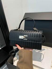 Textured Woven Handbag With Metal Lock Clasp Decor, Detachable Shoulder Strap Rectangular Evening Crossbody Bag, Suitable For Parties And Formal Events - Black - View 7