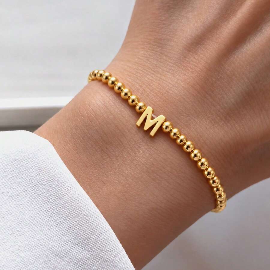 1pc New Vintage Initial Pendant Golden Beaded Bracelet For Women - Yellow Gold - View 1