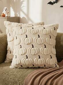 Cirelle 1pc/2pcs Autumn Pumpkin Embroidered Decorative Pillowcase, Halloween Soft Plush Faux Wool Pillow Cover For Home Sofa Bedroom Chair - Beige - View 7