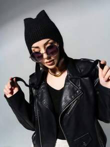 1pc Women's Autumn/Winter Solid Color Fluffy Atmosphere Ear-Protective Warm Cat Ear Beanie Hat, Sweet Rabbit Fur Cute Knitted Hat - A - View 4
