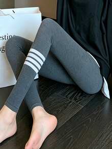 Women's Vertical Striped Leggings, Autumn Pure Cotton Slim Fit Tight Thin Cropped Pants, Slimming Elastic Pants - Multicolor - View 4