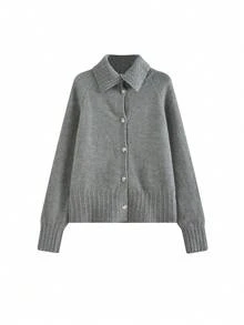 Korean Style Solid Color Stand Collar Cable Sleeve Sweater, Autumn/Winter New Vintage Hong Kong Style Lazy Knit Cardigan For Women - Grey - View 8