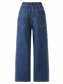 Tween Girls Blue Denim Jeans, Fashion Street Casual Style, Side Star Embroidery & Rhinestone Craft, Loose Straight Leg Wide Leg Pants, Suitable For Spring, Summer, Autumn, Winter - Blue - View 3