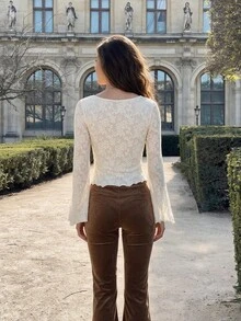 QUNGIGU Women Fflower Lace V Neck Top Front Ruched Slit Flare Sleeve For Fall Winter Travel Going Out Dating - Apricot - View 9