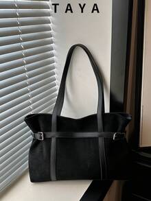 Women's Faux Suede Tote Shoulder Bag, Adjustable Buckle Decor Large Capacity Handbag, Suitable For Work, School And Daily Commute. - Black - View 2