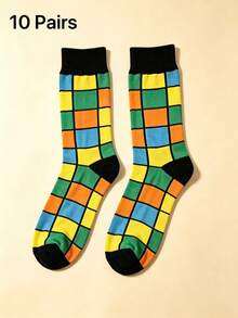 Men's Grey Patchwork Argyle Ribbed Cuff Cotton Sweat-Absorbent Breathable British Business Style Mid-Calf Socks For Office Commute - Multicolor - View 6